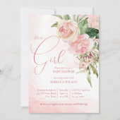 赤面エレガントピンクのバラそれが女の子の赤ちゃんシャワーである 招待状 (正面)