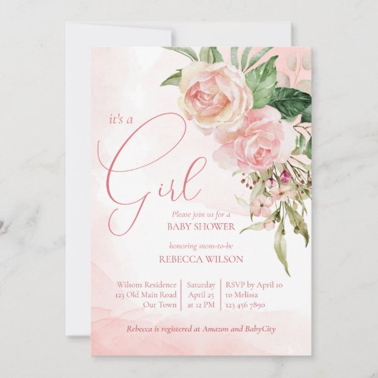 赤面エレガントピンクのバラそれが女の子の赤ちゃんシャワーである 招待状 (正面)