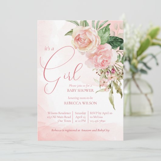 赤面エレガントピンクのバラそれが女の子の赤ちゃんシャワーである 招待状 (スタンド正面)