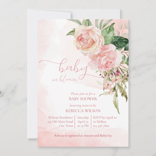 赤面エレガントピンクのバラのベビーで開花ベビーシャワー 招待状 (正面)