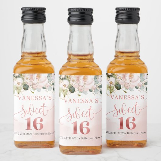 赤面エレガントピンクのバラのユーカリ金ゴールド16 リキュールボトルラベル (ボトル)