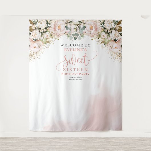 赤面エレガントピンクのバラのユーカリ16歳の誕生日 タペストリー (正面)