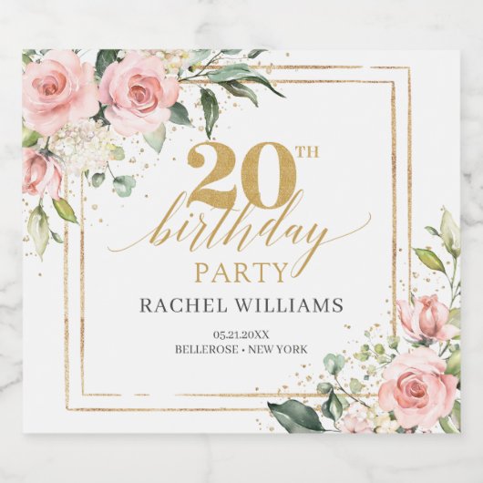 赤面エレガントピンクのバラのユーカリ20誕生日 スパークリングワインラベル (シングルラベル)