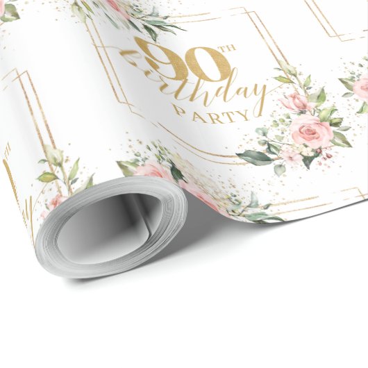 赤面エレガントピンクのバラのユーカリ90歳の誕生日 ラッピングペーパー (ロールコーナー)