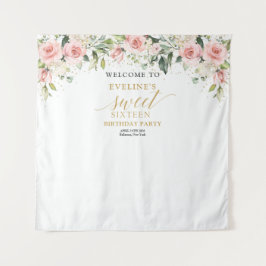 赤面エレガントピンクのバラ緑の金ゴールド16歳の誕生日 タペストリー