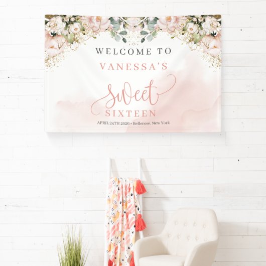 赤面エレガントピンクのバラeucalyptus金ゴールド甘い16 横断幕 (インサイチュ)