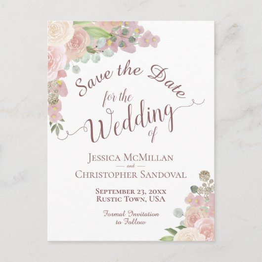 赤面エレガントピンクのフローラ結婚式の日付を保存 案内ポストカード (正面)