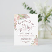 赤面エレガントピンクのフローラ結婚式の日付を保存 案内ポストカード (スタンド正面)