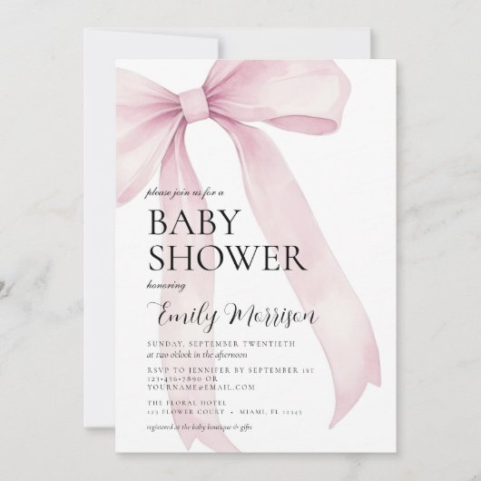 赤面エレガントピンクの水の色のボーガールベビーシャワー 招待状 (正面)