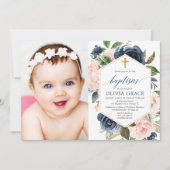 赤面エレガントピンクの海軍の女の子のバプテスマフローラ写真 招待状 (正面)