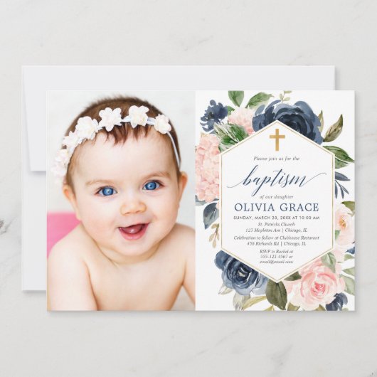 赤面エレガントピンクの海軍の女の子のバプテスマフローラ写真 招待状 (正面)