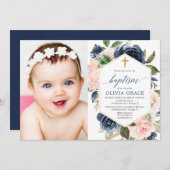 赤面エレガントピンクの海軍の女の子のバプテスマフローラ写真 招待状 (正面/裏面)