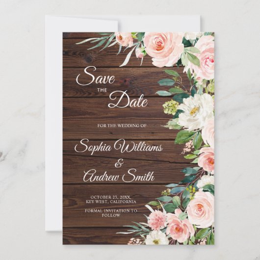 赤面エレガントピンクの花の日付カードを保存 セーブザデート (正面)