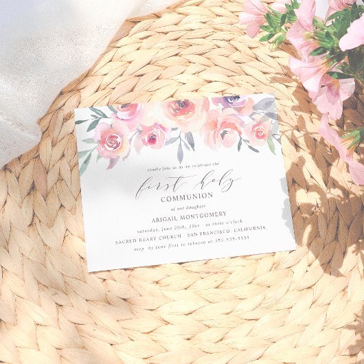 赤面エレガントピンクの花の最初の聖餐式 インビテーションポストカード