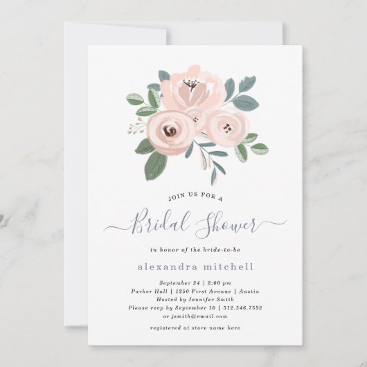 赤面エレガントピンクの花 | ブライダルシャワー 招待状 (正面)