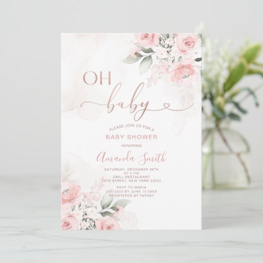 赤面エレガントピンクの花Oh赤ちゃんシャワー 招待状 (スタンド正面)