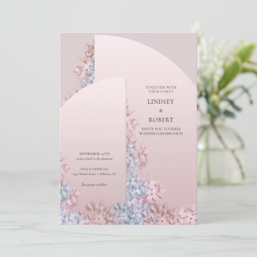 赤面エレガントピンクほこりっぽい青いヒア結婚シンス 招待状 (スタンド正面)
