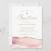 赤面エレガントピンクアゲートと金ゴールドクロス |バプテスマ 招待状 (正面)