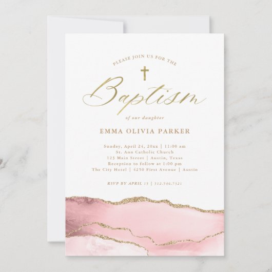 赤面エレガントピンクアゲートと金ゴールドクロス |バプテスマ 招待状 (正面)