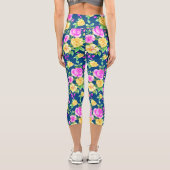 赤面エレガントピンクイエローローズフローラルパターン カプリレギンス (裏面)