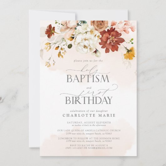 赤面エレガントピンクウォーターカラーバプテスマ1歳の誕生日 招待状 (正面)