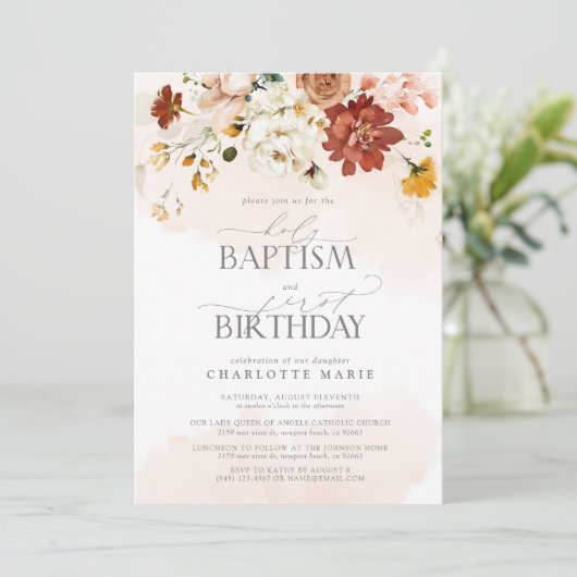 赤面エレガントピンクウォーターカラーバプテスマ1歳の誕生日 招待状 (スタンド正面)