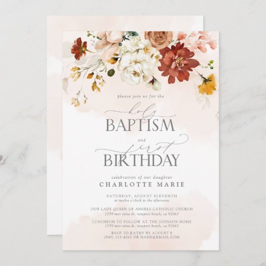 赤面エレガントピンクウォーターカラーバプテスマ1歳の誕生日 招待状 (正面/裏面)