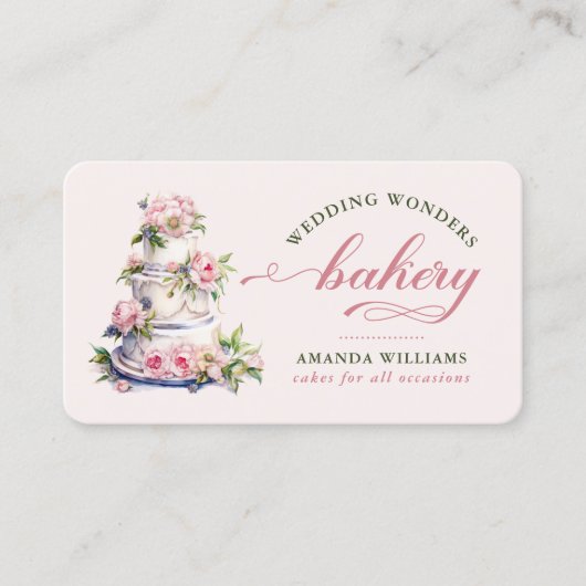 赤面エレガントピンクウォーターカラーフローラケーキベーカリー 名刺 (正面)