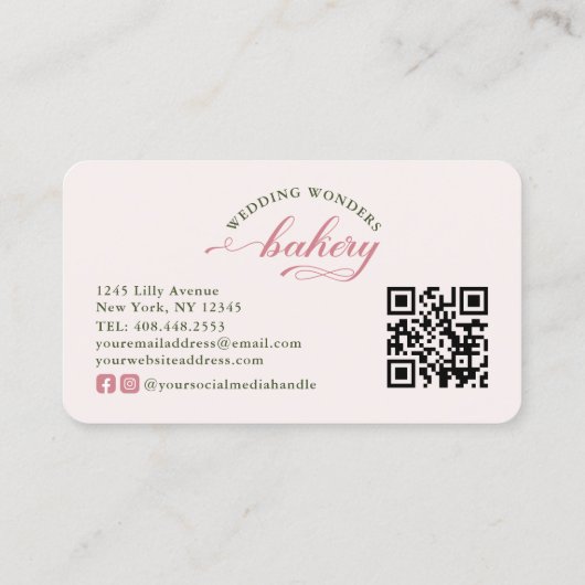 赤面エレガントピンクウォーターカラーフローラケーキベーカリー 名刺 (裏面)