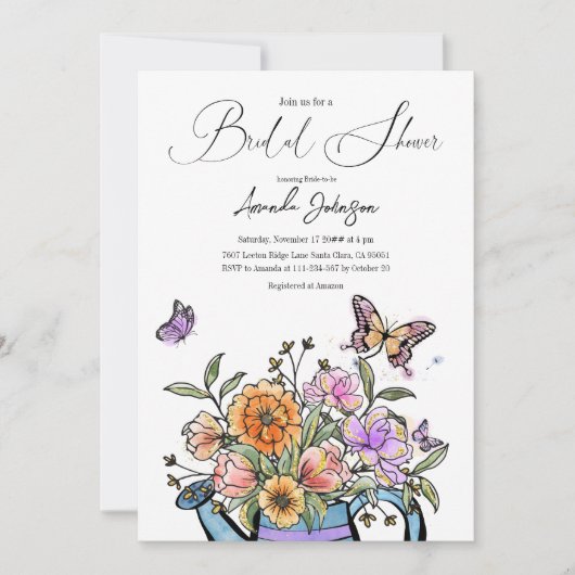 赤面エレガントピンクオレンジガーデンバタフライフローラ 招待状 (正面)