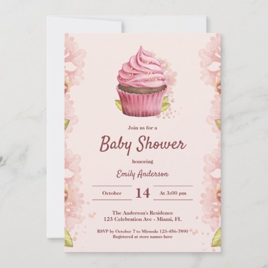 赤面エレガントピンクカップケーキガールスウィートベビーシャワー 招待状 (正面)
