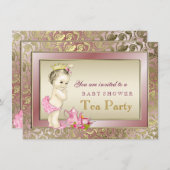 赤面エレガントピンクガールズティーパーティー赤ちゃんシャワー 招待状 (正面/裏面)