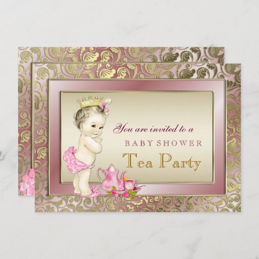 赤面エレガントピンクガールズティーパーティー赤ちゃんシャワー 招待状 (正面/裏面)