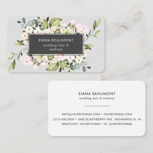 赤面エレガントピンクグレーウォーター色フローラ開花 名刺 (正面/裏面)