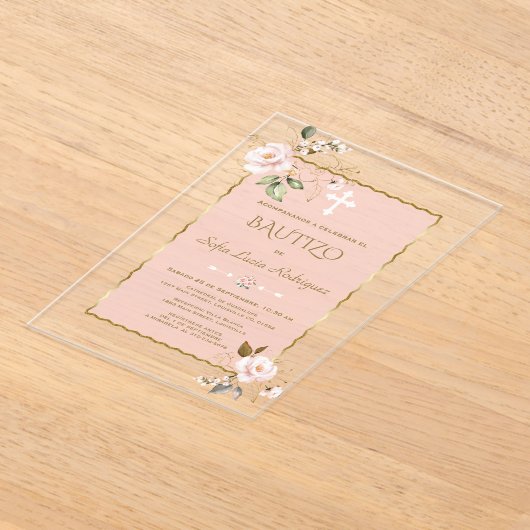 赤面エレガントピンクコンフローレス金ゴールドバウティゾ アクリル招待状 (レイダウン)