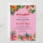 赤面エレガントピンクサマーフローラガールベビーシャワー 招待状 (正面)