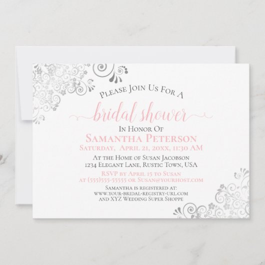 赤面エレガントピンクシルバーレースホワイトブライダルシャワー 招待状 (正面)