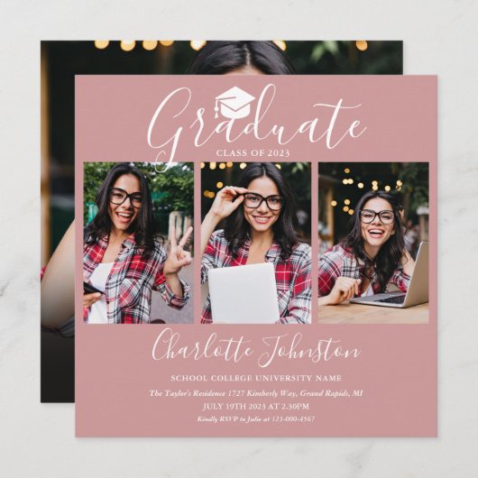 赤面エレガントピンクスクリプト4写真卒業パーティー 招待状 (正面/裏面)