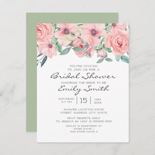 赤面エレガントピンクセージグリーンフローラブライダルシャワー 招待状 (正面/裏面)