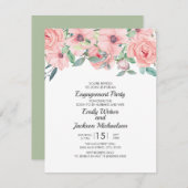 赤面エレガントピンクセージグリーンフローラ婚約 招待状 (正面/裏面)