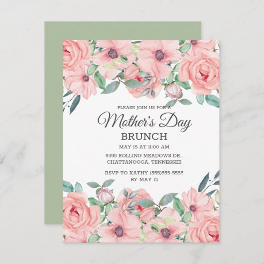 赤面エレガントピンクセージグリーンフローラ母の日 招待状 (正面/裏面)