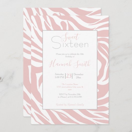 赤面エレガントピンクゼブラホワイトアニマルプリント 招待状 (正面/裏面)