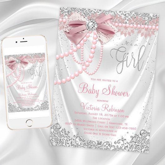 赤面エレガントピンクダイヤモンドパールガーリーベビーシャワー 招待状