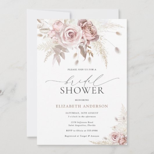 赤面エレガントピンクダスティバラフローラブライダルシャワー 招待状 (正面)