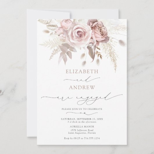 赤面エレガントピンクダスティバラフローラ婚約 招待状 (正面)