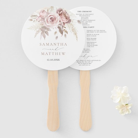 赤面エレガントピンクダスティバラ結婚式 プログラム ハンドファン (正面&裏面)