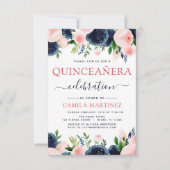 赤面エレガントピンクネイビーブルーフローラキンセアニェラ 招待状 (正面)