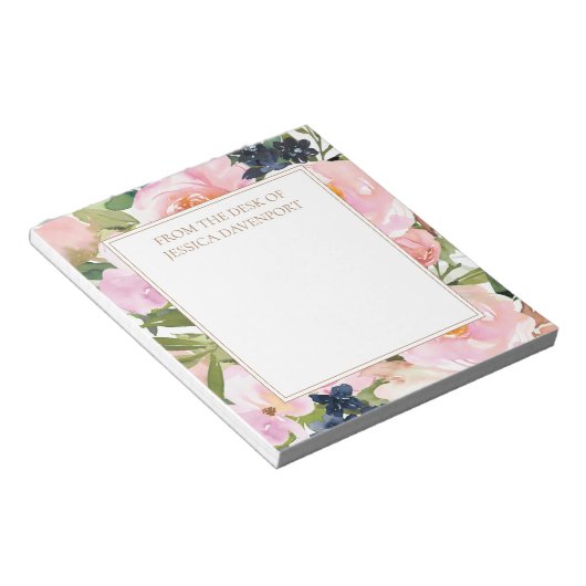赤面エレガントピンクネイビーブルーフローラデスクから ノートパッド (アングル)