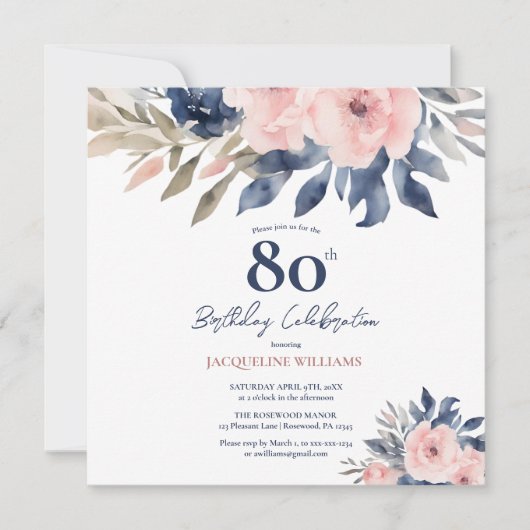 赤面エレガントピンクネイビーブルーフローラ80誕生日 (正面)