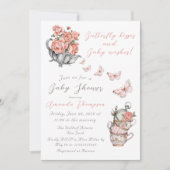 赤面エレガントピンクバタフライキスフローラティーパーティー 招待状 (正面)